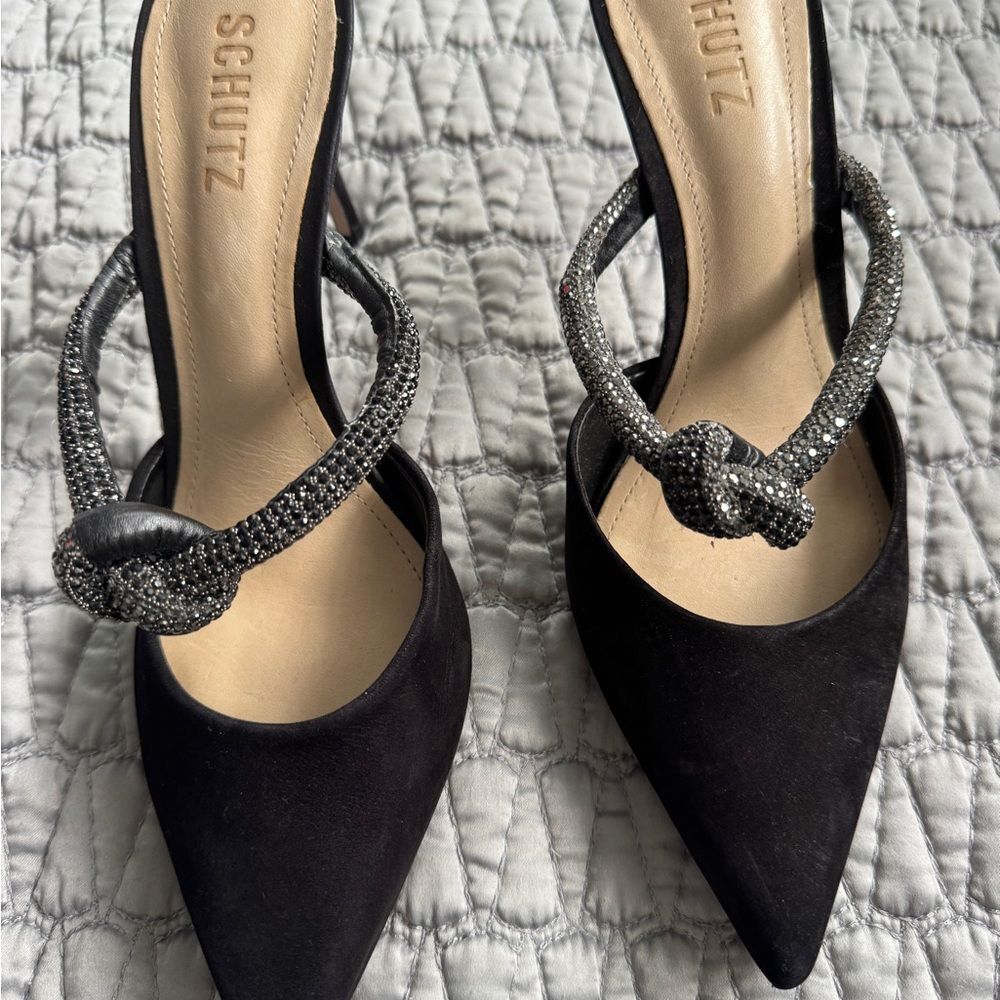 Schutz Black Suede Pearl Pointed Toe Mules Size 8. - Picture 3 of 7